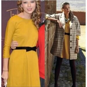 Anthropologie Girls from Savoy Fluted Ponte Dress Golden Yellow Brown Velvet